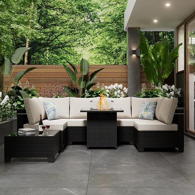 8 Piece Patio Furniture Set with Fire Pit Table, Wicker Outdoor Sectional Sofa Set, Conversation Sets with Comfy, High-Resilience Foam Anti-Slip Cushions for Backyard, Garden, Deck(Brown/Beige)
