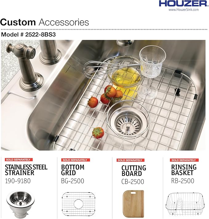 Houzer Stainless Steel 2522-8BS3-1 Glowtone Series Kitchen Sink - 25" Topmount Drop In Multipurpose Sink, Single Bowl Basin, 3 Hole, Ideal for Workstation, RV, Outdoor Kitchen, or Bar