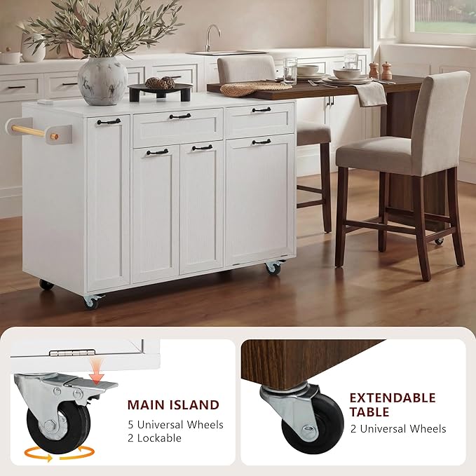 Kitchen Island with Extendable Dining Table, Rolling Kitchen Cart with Drawers and Trash Storage Cabinet, Island Mobile Dining Table on Wheels with 3-Tier Pull-Out Spice Rack for Small Space White