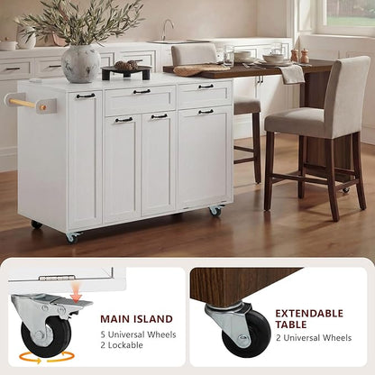 Kitchen Island with Extendable Dining Table, Rolling Kitchen Cart with Drawers and Trash Storage Cabinet, Island Mobile Dining Table on Wheels with 3-Tier Pull-Out Spice Rack for Small Space White