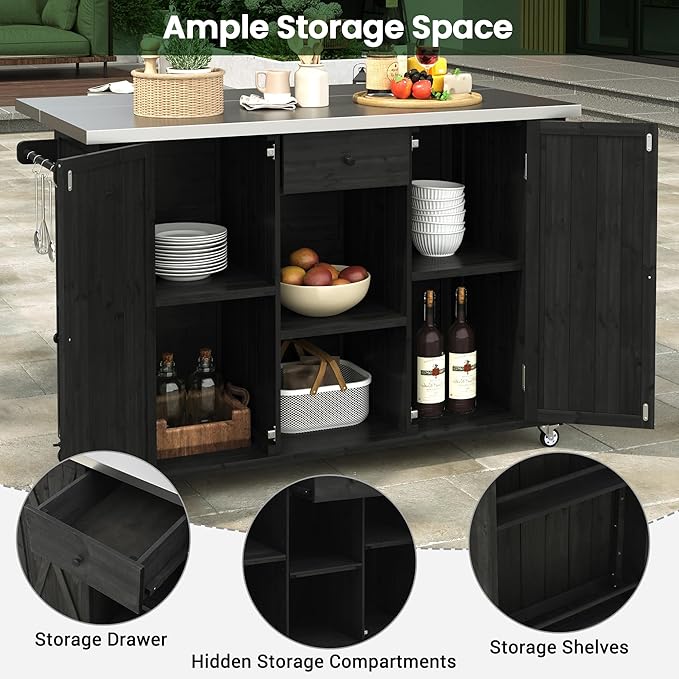 YOPTO Outdoor Kitchen Island Fir Wood Kitchen Island with Stainless Steel Top,Ample Storage Space,Towel and Spice Racks and a Bottle Opener for Outdoor,Black