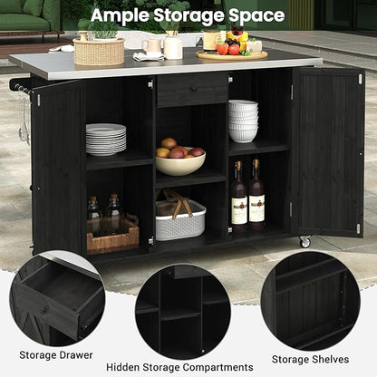 Flieks Outdoor Kitchen Island Fir Wood Kitchen Island with Stainless Steel Top, Ample Storage Space, Towel and Spice Racks and a Bottle Opener for Outdoor, Black