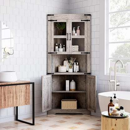 GAOMON Farmhouse Corner Cabinet, Tall Corner Storage Cabinet with Glass Door & Adjustable Shelves, Bathroom Cabinet with Storage for Living Room, Kitchen, Bathroom, Washed Grey