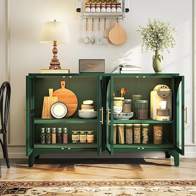 Foreate Arched Sideboard Buffet Cabinet with Storage & LED Light, 53.2" Large Buffet Cabinet with 4 Glass Door & Adjustable Shelf, Modern Farmhouse Sideboard Credenzas Metal Kitchen Buffet, Green