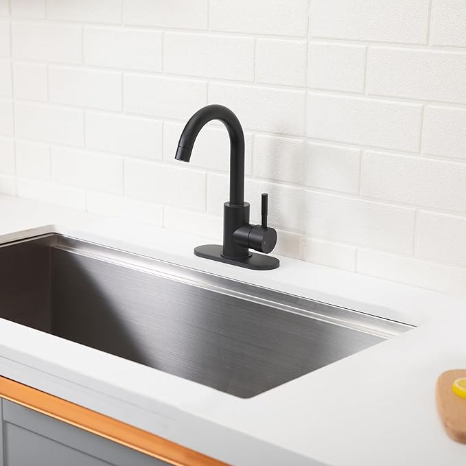 Comllen Matte Black Bar Faucets, Black Bathroom Faucet 1 Hole, 360° Swivel, Small Single Handle Bar Sink Faucet with Deck Plate for Bathroom Bar Kitchen RV Camper Outdoor Laundry Vanity Lavatory