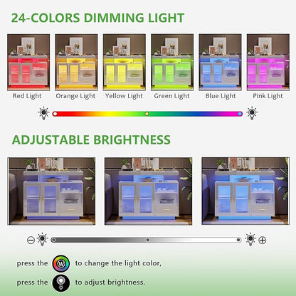 HNEBC LED Sideboard Buffet Cabinet with Charging Station, Smart Bar Cabinet with Auto RGB Lighted, High Gloss Coffee Bar with Drawer/Hutch for Living Room, Dining Room, Home Storager(White)