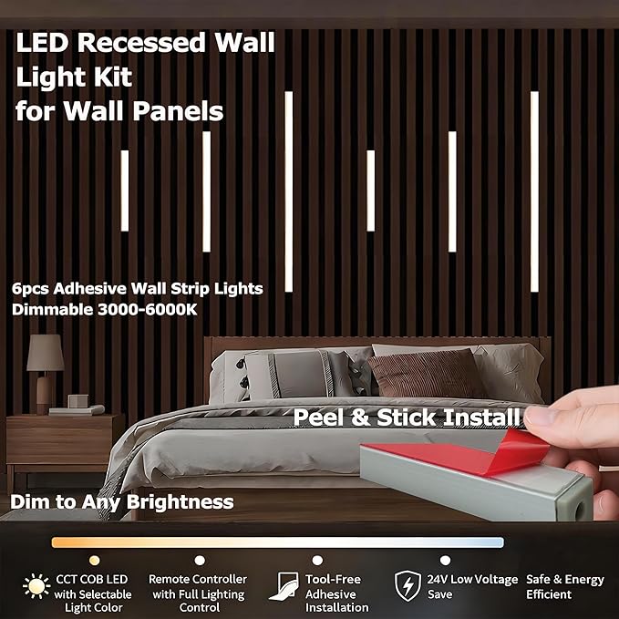 LED Recessed Wall Lighting Kit for Wall Panels CCT COB Strip Lights with Remote Controller, 6pcs Adhesive Wall Strip Lights, Dimmable 3000K-6000K for Wood Slat, Acoustic Panels, Kitchen, Stairs