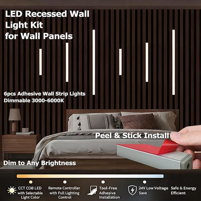 LED Recessed Wall Lighting Kit for Wall Panels CCT COB Strip Lights with Remote Controller, 6pcs Adhesive Wall Strip Lights, Dimmable 3000K-6000K for Wood Slat, Acoustic Panels, Kitchen, Stairs