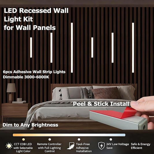 LED Recessed Wall Lighting Kit for Wall Panels CCT COB Strip Lights with Remote Controller, 6pcs Adhesive Wall Strip Lights, Dimmable 3000K-6000K for Wood Slat, Acoustic Panels, Kitchen, Stairs