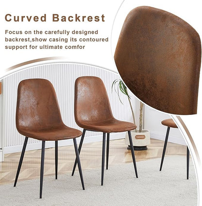 Round Dining Table Set for 4 People, 42 Inch Diameter with Dark Walnut Textured MDF Top and Black Metal Legs, Includes Brown Technology-Fabric Chairs for Kitchen and Dining Room