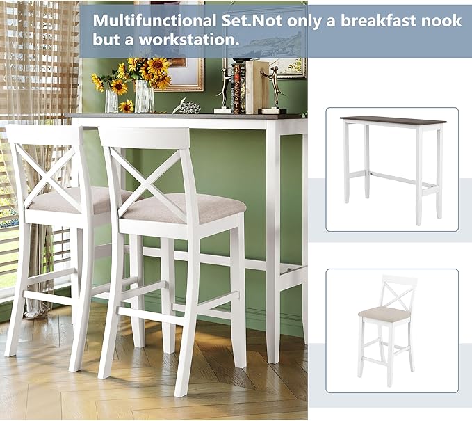3 Piece Dining Table Set, Farmhosue Kitchen Bar Table Set with 2 Upholstered Chairs, Solid Wood Bar Table and Chairs Set for Kitchen, Dining Room, Living Room, Home Bar, White