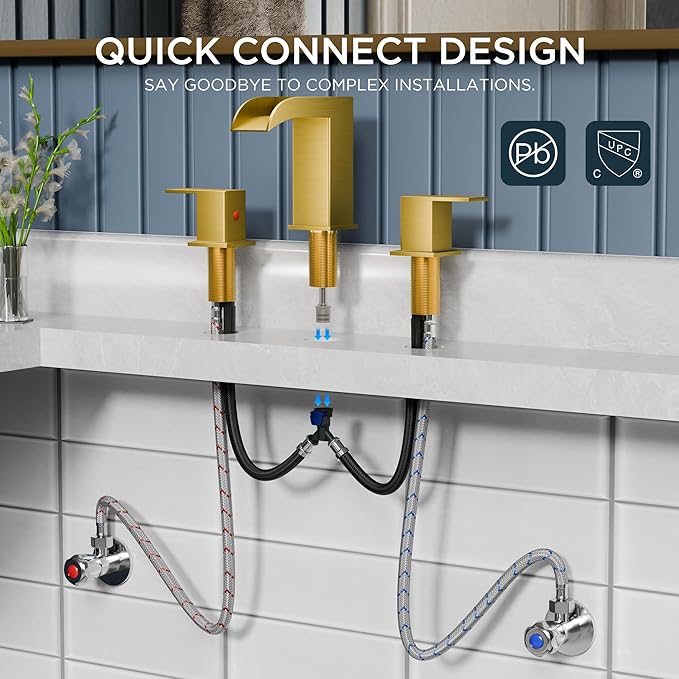 QFN Brushed Gold Bathroom Faucet 3 Hole, 8 Inch Widespread Square Bathroom Sink Faucet with Metal Pop-up Drain and 24" CUPC Supply Line, Lead-Free 2 Handles for Vanity, Restroom, Lavatory and Mall