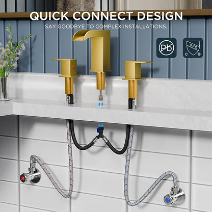 QFN Brushed Gold Bathroom Faucet 3 Hole, 8 Inch Widespread Square Bathroom Sink Faucet with Metal Pop-up Drain and 24" CUPC Supply Line, Lead-Free 2 Handles for Vanity, Restroom, Lavatory and Mall