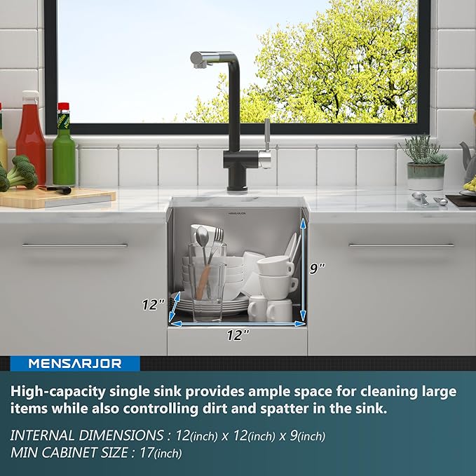 MENSARJOR Bar Sink, 14 x 14 inch Undermount Kitchen Sink, 16 Gauge Stainless Steel Sink, Handmade for Kitchen Sink, Bar Sink, or Outdoor Sink
