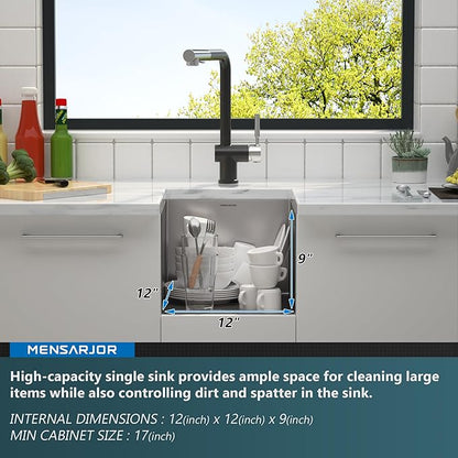 MENSARJOR Bar Sink, 14 x 14 inch Undermount Kitchen Sink, 16 Gauge Stainless Steel Sink, Handmade for Kitchen Sink, Bar Sink, or Outdoor Sink