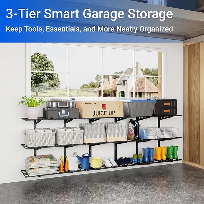 FLEXIMOUNTS 2 Pack 3-Tier 1x3ft Garage Storage Wall Shelving, 12x36inch per Shelf Height Adjustable Floating Shelves, Heavy Duty Wall Mounted Shelve, 1200lbs Weight Capacity, Black, Classic Series