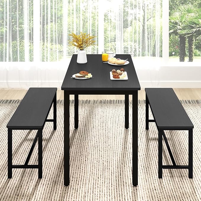 Rovibek 43" Dining Room Table Chairs Set for 4, Modern Space Saving Kitchen Table with 2 Benches & Adjustable Feet Breakfast Table, Wooden Industrial Style Farmhouse, Black