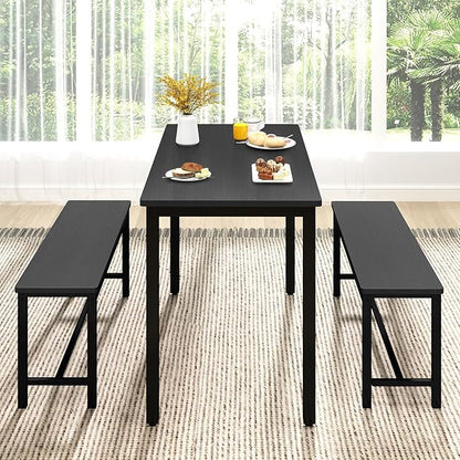 Rovibek 43" Dining Room Table Chairs Set for 4, Modern Space Saving Kitchen Table with 2 Benches & Adjustable Feet Breakfast Table, Wooden Industrial Style Farmhouse, Black