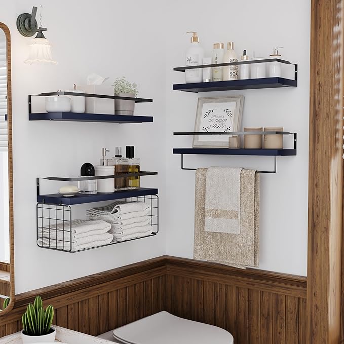 Wood Floating Shelves Wall Mounted - 4+1 Tier Rustic Bathroom Wall Shelves Over Toilet with Wire Storage Basket and Towel Bar, set of 4 Farmhouse Floating Shelf for Bathroom, Kitchen,Navy Blue.