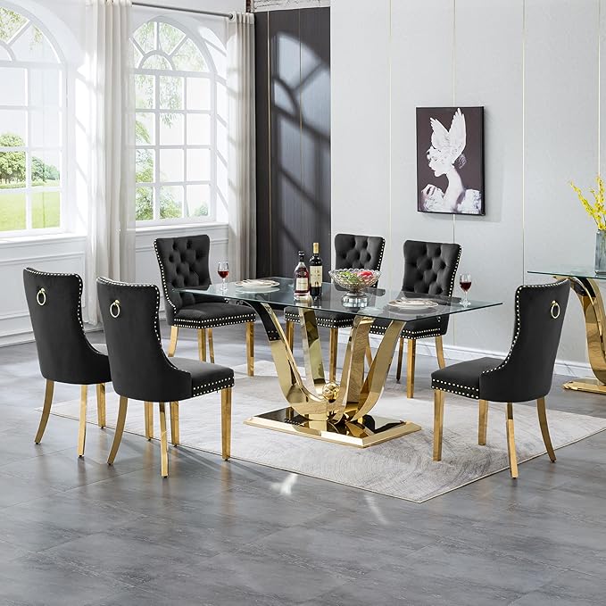70" Glass Dining Table for 6-8, Modern Dining Room Table with 0.39" Tempered Glass Top and Dual U-Shaped Gold Stainless Steel Base, Rectangle Kitchen Dinner Table for Dining Room