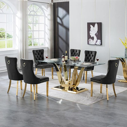 70" Glass Dining Table for 6-8, Modern Dining Room Table with 0.39" Tempered Glass Top and Dual U-Shaped Gold Stainless Steel Base, Rectangle Kitchen Dinner Table for Dining Room