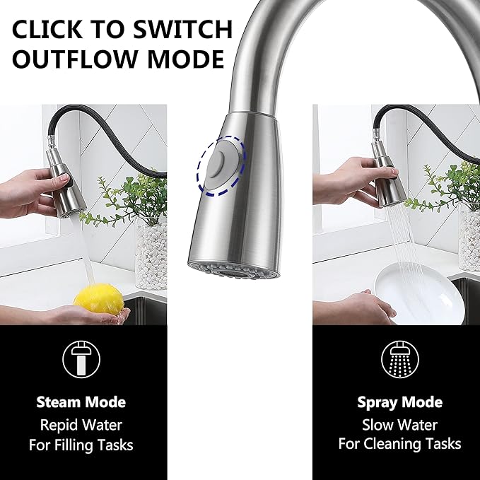 Comllen Kitchen Faucet with Pull Down Sprayers, Brushed Nickel Kitchen Faucets, Modern Pull Out Stainless Steel Kitchen Sink Faucet Single Handle Faucet Swivel Spout with Deck Plate