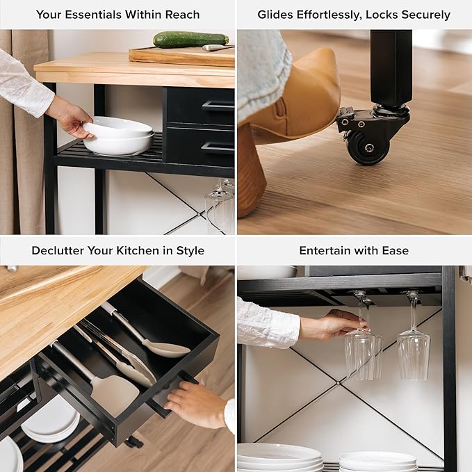 Kitchen Island Cart with Storage – Solid Wood Rolling Coffee Cart with Pine Top, 2 Drawers, Shelves & Wine Rack – Mobile Kitchen Island with Black Base