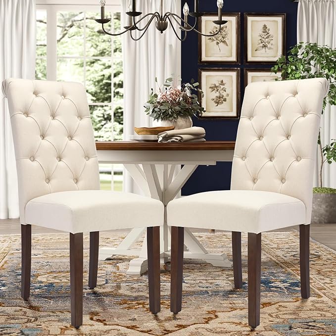 Tufted Dining Chairs Set of 6, Upholstered Parsons Dining Room Chairs, Fabric Kitchen Side Chair with Wood Legs, Beige