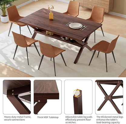 HIPIHOM 63" MDF Dining Table Set for 6 with PU Leather Chairs, Thickened Heat-Resistant Tabletop and Heavy Duty Metal Legs, Kitchen Sets Perfect for Small Spaces, Apartments