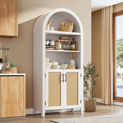 Garvee Arched Kitchen Pantry Storage Cabinet - 5-Tier Open Display Shelf with Rattan Decor, Farmhouse Storage Cabinet for Kitchen, Dining Room, Living Room, White