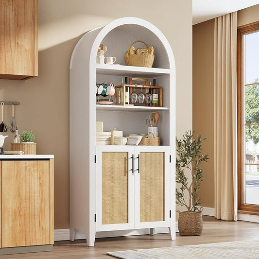 Garvee Arched Kitchen Pantry Storage Cabinet - 5-Tier Open Display Shelf with Rattan Decor, Farmhouse Storage Cabinet for Kitchen, Dining Room, Living Room, White