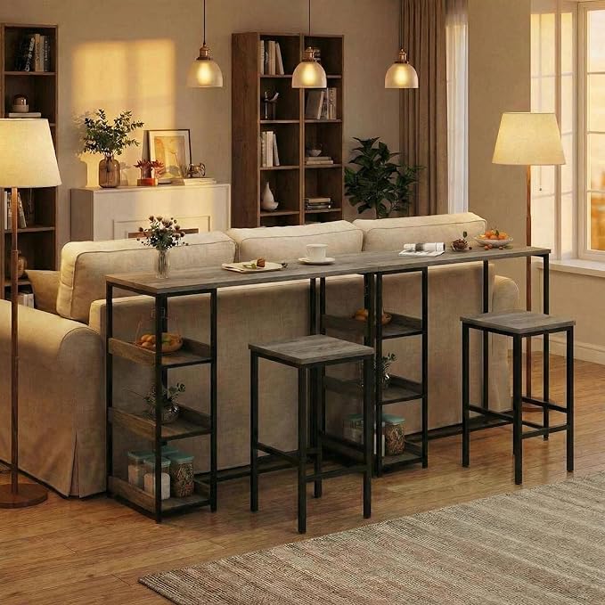 GarveeHome 3-Piece Kitchen Table Set with Storage Shelves & 2 Bar Stools - Iron and Wood Dining Table for Small Spaces, Apartments, Condos, Grey