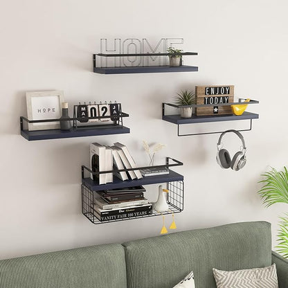 Wood Floating Shelves Wall Mounted - 4+1 Tier Rustic Bathroom Wall Shelves Over Toilet with Wire Storage Basket and Towel Bar, set of 4 Farmhouse Floating Shelf for Bathroom, Kitchen,Navy Blue.