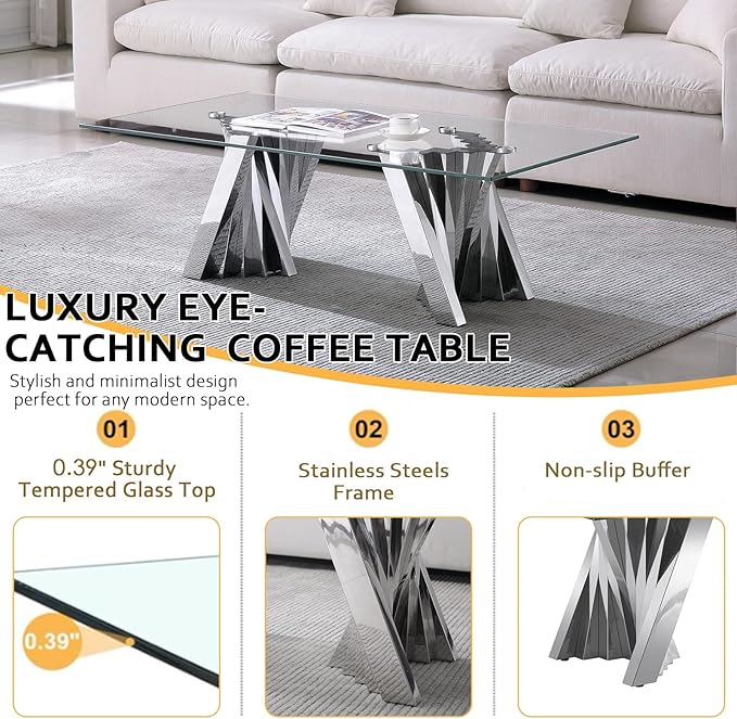 2 Piece Glass Coffee Table Set of 2 Modern Silver Living Room Table Set Include Coffee Table & Sofa Table,Tempered Glass Top with Stainless Steel Base for Home Office