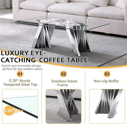 2 Piece Glass Coffee Table Set of 2 Modern Silver Living Room Table Set Include Coffee Table & Sofa Table,Tempered Glass Top with Stainless Steel Base for Home Office