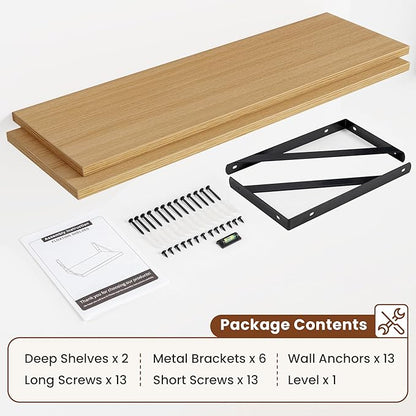Deep Wall Shelves 48"W x 12"D Engineered Wood Floating Shelves for Wall, Sturdy Metal Bracket Bookshelves Home Decor Storage for Living Room Bedroom Bathroom Kitchen, Set of 2, Oak Finish