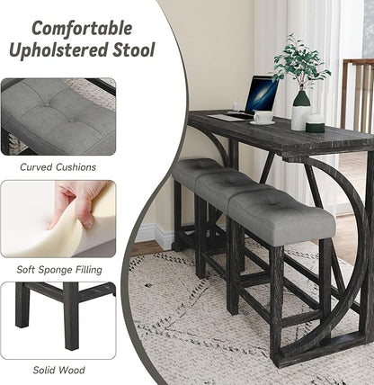 HMFULE 4 Piece Bar Table Set with Power Outlet, 59'' Dining Bar Table and Chairs Set, Industrial Breakfast Table with 3 Padded Stools for Living Room Dining Room Game Room Grey Black