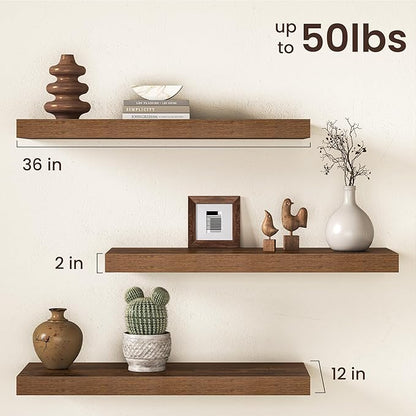 36Inch Floating Shelves for Wall, 12 Inch Deep Shelves for Bedroom, Kitchen, Bathroom Wall Mounted, Rustic Wood Floating Shelf with Invisible Brackets for Books, Storage, Decor, Rustic Brown, 2 Packs