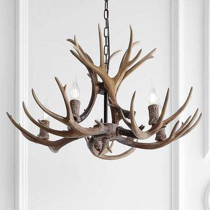 JONATHAN Y 30" Brown Rustic Resin Antler 5-Light LED Chandelier, Farmhouse Faux Deer Horn Hanging Ceiling Light for Dining Room, Kitchen Island, Adjustable Light Fixture (JYL6300A)