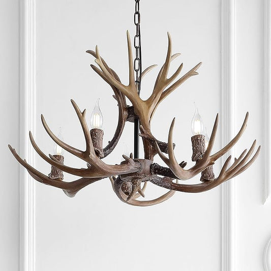 JONATHAN Y 30" Brown Rustic Resin Antler 5-Light LED Chandelier, Farmhouse Faux Deer Horn Hanging Ceiling Light for Dining Room, Kitchen Island, Adjustable Light Fixture (JYL6300A)