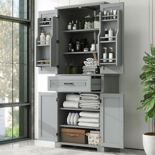 72.2" Storage Cabinet with Doors and Drawers, Tall and Wide Kicthen Pantry Cupboard Home Display Organizer with Door Shelf Rack for Bathroom, Adjustable Shelf, Gray