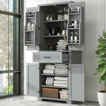 Storage Cabinet with 4 Doors and Drawers, 72.2" H Kitchen Cabinet with 6 Door Shelves, Kitchen Storage Cabinets with Adjustable Shelves for Living Room, Gray