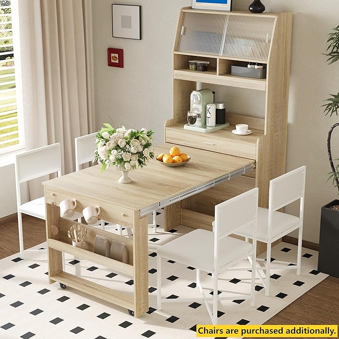 Compact Buffet with Hutch and Foldable Dining Table, Multifunctional Cupboard with Storage Shelf and Side Hooks, 2-in-1 Buffet for Small Places, Studio, Apartment