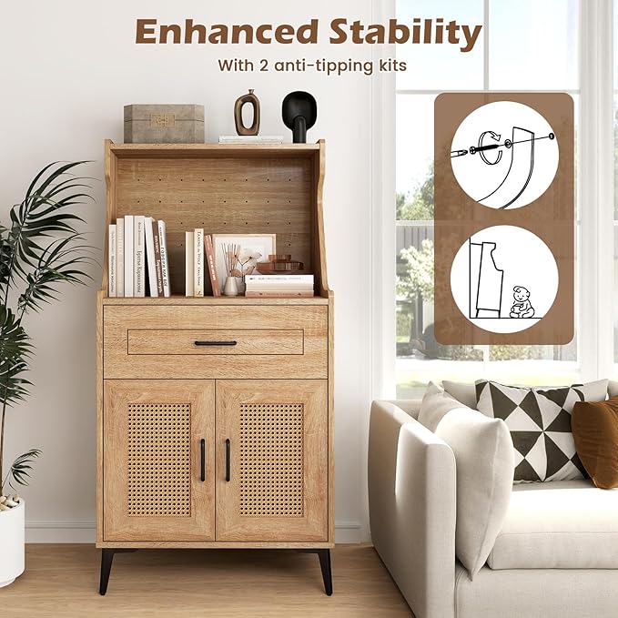 LOKO 45.5” Kitchen Pantry Cabinet Set of 2, Coffee Bar Cabinet with DIY Pegboard, Rattan Buffet Sideboard with Adjustable Shelf, Mid Century Modern Hutch Cabinet for Living Room, Oak (2)