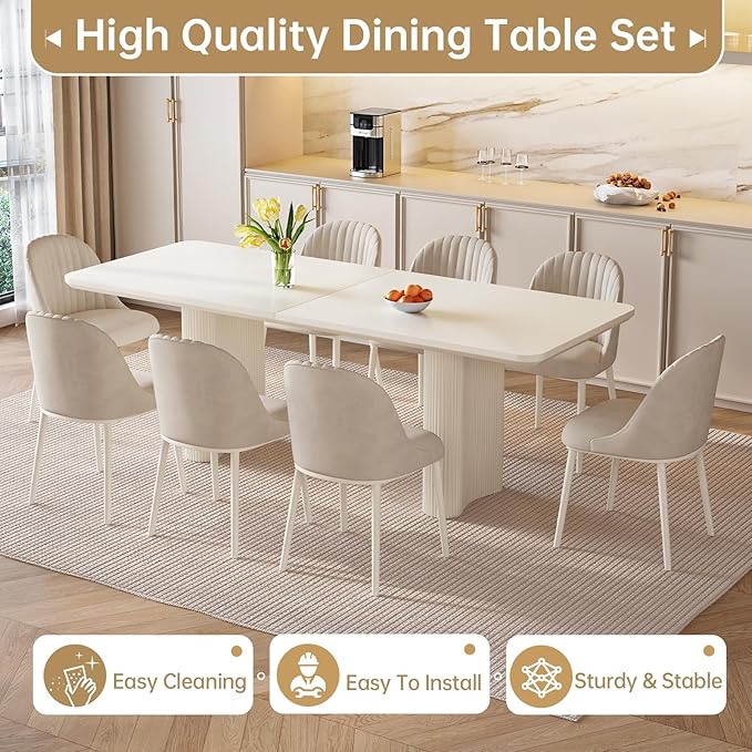 Miuuod Extra Large Modern Kitchen & Dining Table Set, White, 79" Rectangle, 4-8 Seater, Stable Frame, Cream White
