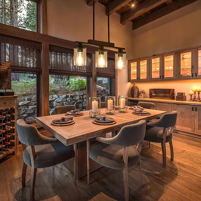 Kitchen Island Lighting,3-Lights Rectangle Farmhouse Dining Room Light Fixture Over Table,Wood Pendant Lights Kitchen Island,Black Wood Linear Chandelier Ceiling Hanging with Glass Shades