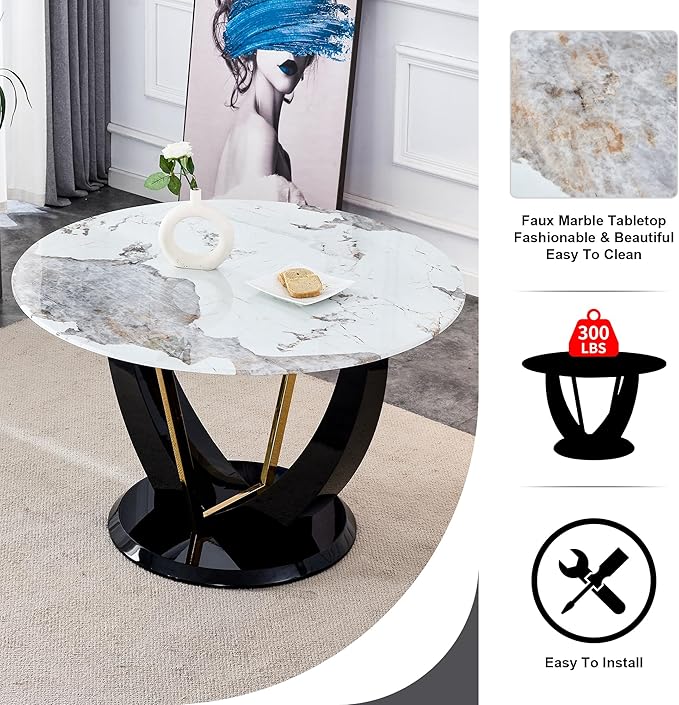 JUFU Round Dining Table for 4/6, 48 Inch Faux Marble Look Dining Room Table, Black Kitchen Table with Stable Pedestal, Modern Glass Dining Table for Kitchen,Living Room,Apartment,Restaurant