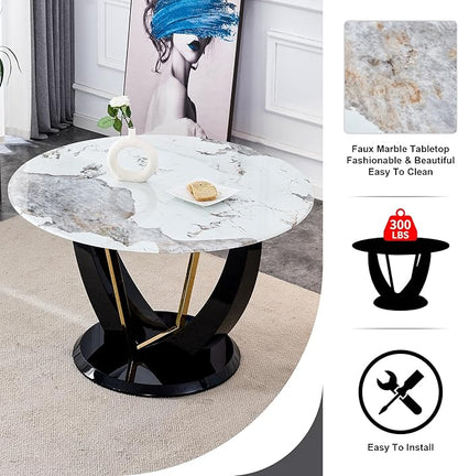 JUFU Round Dining Table for 4/6, 48 Inch Faux Marble Look Dining Room Table, Black Kitchen Table with Stable Pedestal, Modern Glass Dining Table for Kitchen,Living Room,Apartment,Restaurant