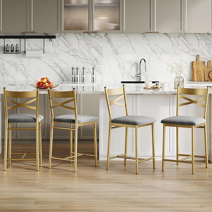 Bar Stools Set of 4, Counter Height Bar Stools with PU Upholstered Seat & Back – Modern Kitchen Island Bar Chairs with Footrest for Apartment & Dining Bar, Gold
