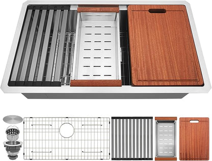 LQS 32 Inch Stainless Steel Kitchen Sink, Undermount 16 Gauge Stainless Steel Kitchen Sink, Single Bowl Kitchens Sinks with Sapele Wood Cutting Board For Family Kitchens, R10 Round Corner